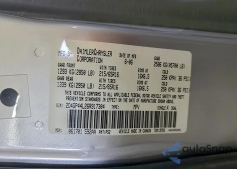 2006 Dodge Grand Caravan Sxt z USA, uszkodzony, nr VIN 2D4GP44L26R917304